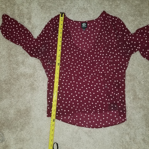 Bobeau Side Button Wrap Blouse Burgundy/Ivory Dot - Picture 13 of 14